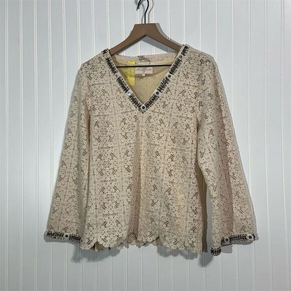 Miss June Paris Crochet Lace Top Beaded NWT S/M Cream Boho Festival Embellished - Picture 1 of 11